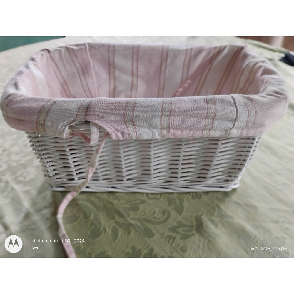 White Wicker Storage Basket Pink Striped Fabric Lining Rectangular Handcrafted